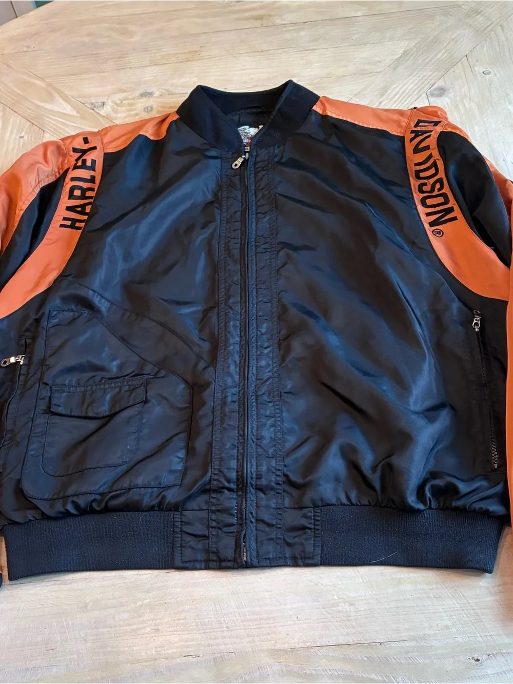 Harley-Davidson Black and Orange Varsity-Style Bomber